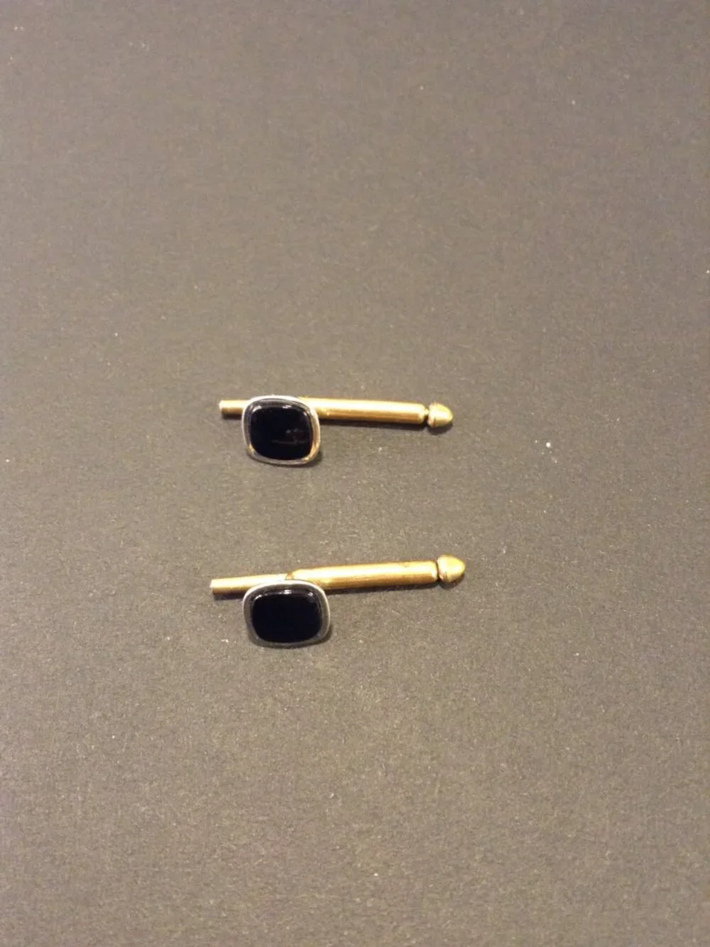 VTG '70 Swank Cufflink/Bar style Black Onyx with Bezel Blue agate Tie Clip SET